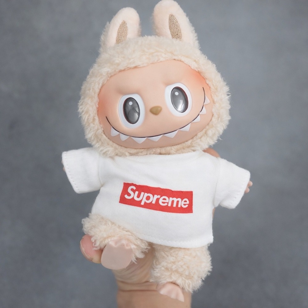 Labubu Doll White Streetwear Tee – Red Box Logo Style Mini Shirt Outfit